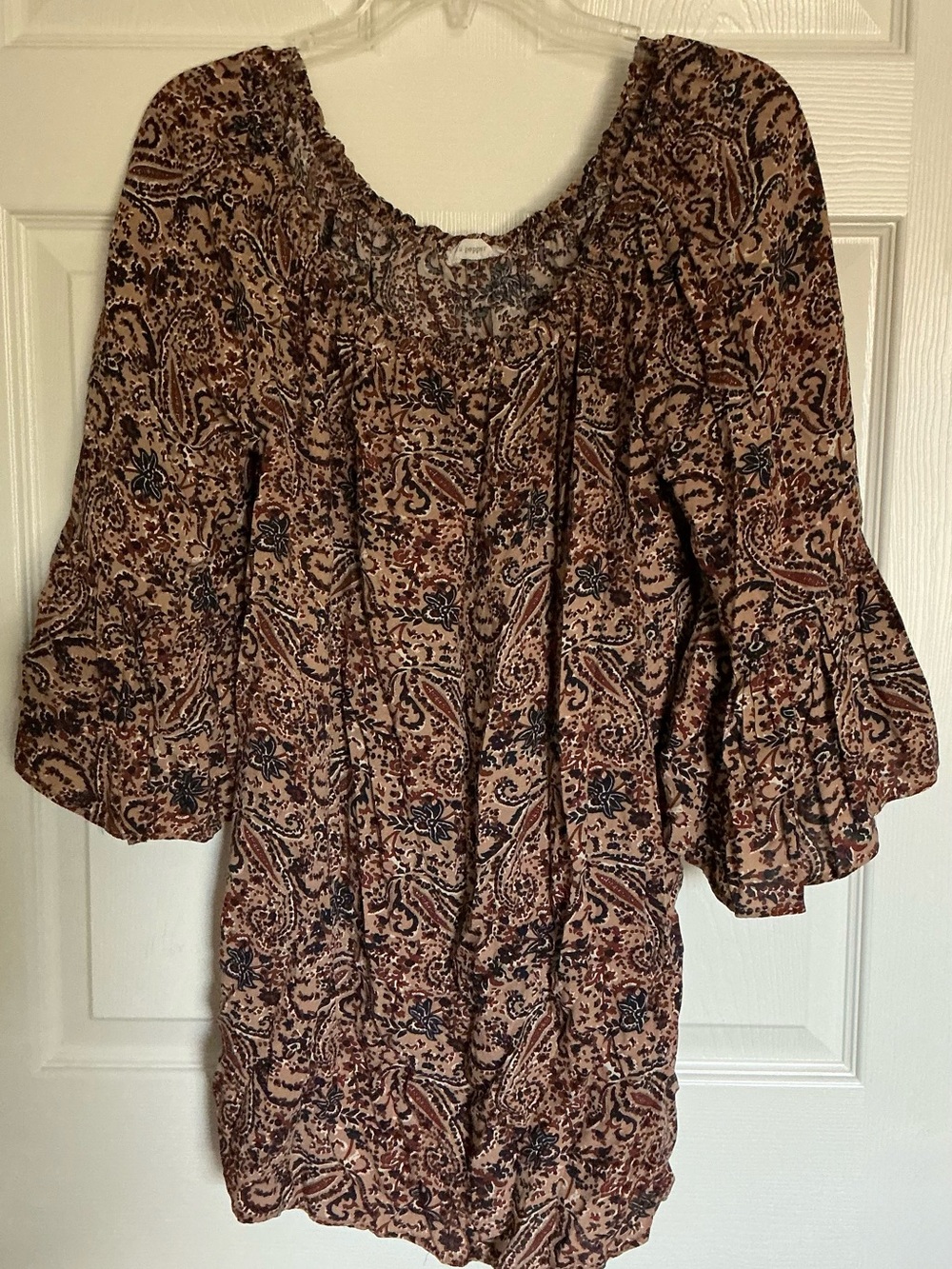 Blu Pepper Paisley Top Women L Brown Black Boho Off The Shoulder Ruffle Blouse